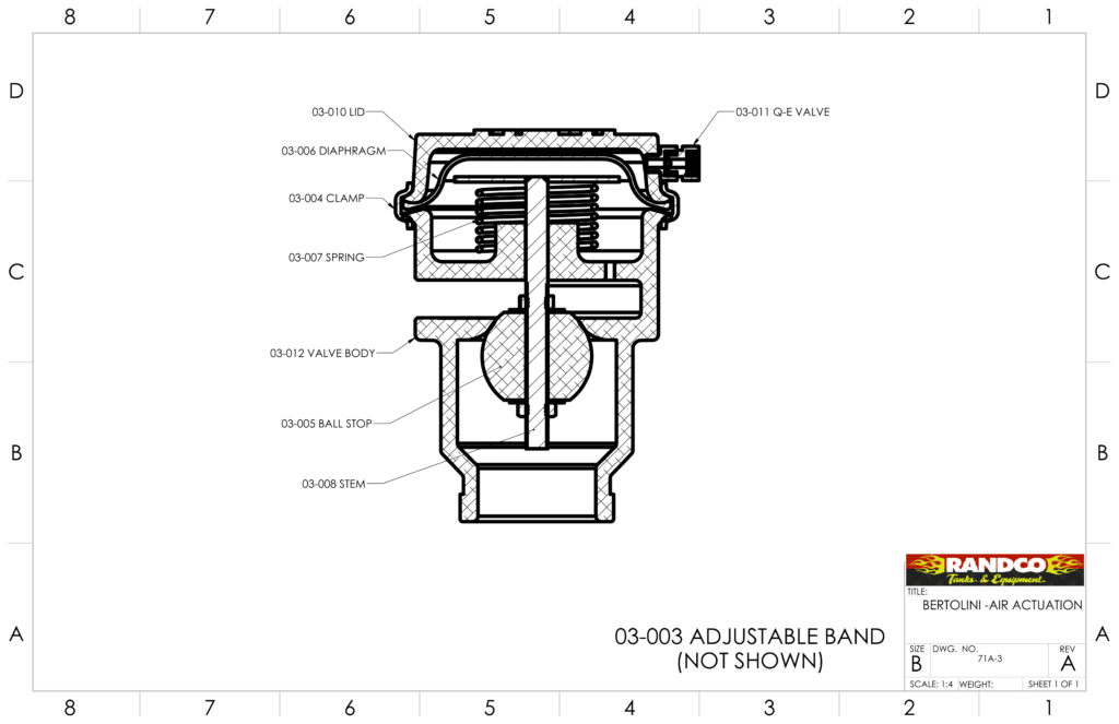 Cross-section parts diagram of the B/Mc pneumatic water truck spray valve, part 03-001, with every component labelled by its Randco part number