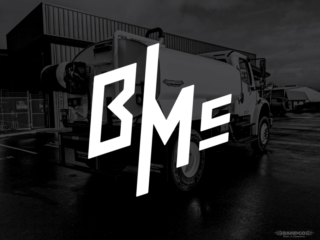The B/Mc monogram over a photograph of a water truck fitted with B/Mc spray equipment